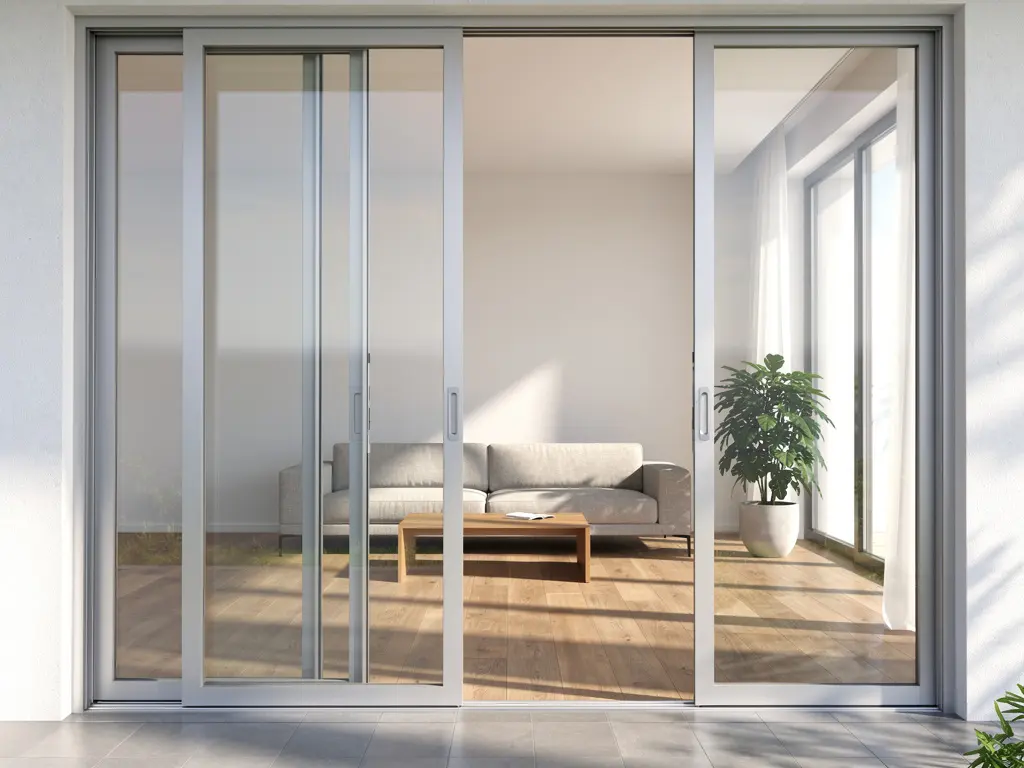 Baie vitrée coulissante en aluminium ouvrant sur un salon clair